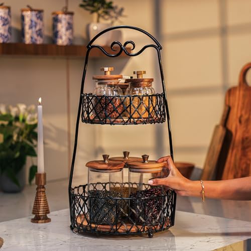 Image of Orbit Basket - Handcrafted Acacia Wood & Metal Storage Basket - Sturdy 2-Tier Organizer for Fruits, Vegetables & Kitchen Essentials