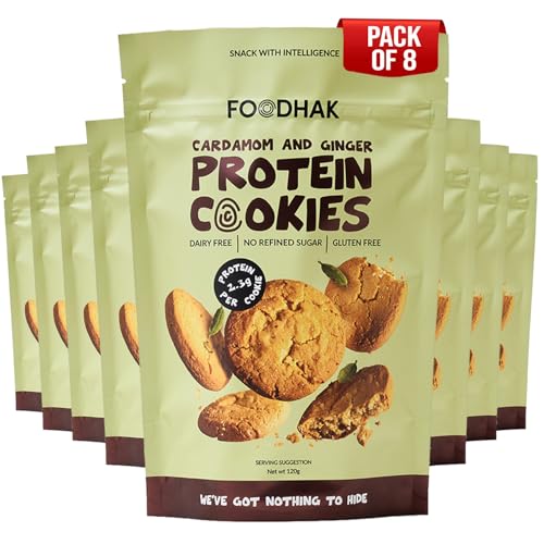 FOODHAK Ginger & Cardamom Cookies Pack of 8 (8 X 120g) - Vegan cookies with Millet Flour Coconut Oil & Chia Seeds-Oven Baked with Protein Source-Cardamom Cookies with Maple Syrup & Coconut Palm Sugar