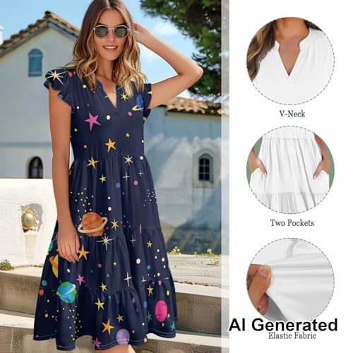 Image of Womens Summer Dress Ruffle Sleeve V Neck Dress Casual Fit Flowy Beach Vacation Sundress with Pocket S-2XL