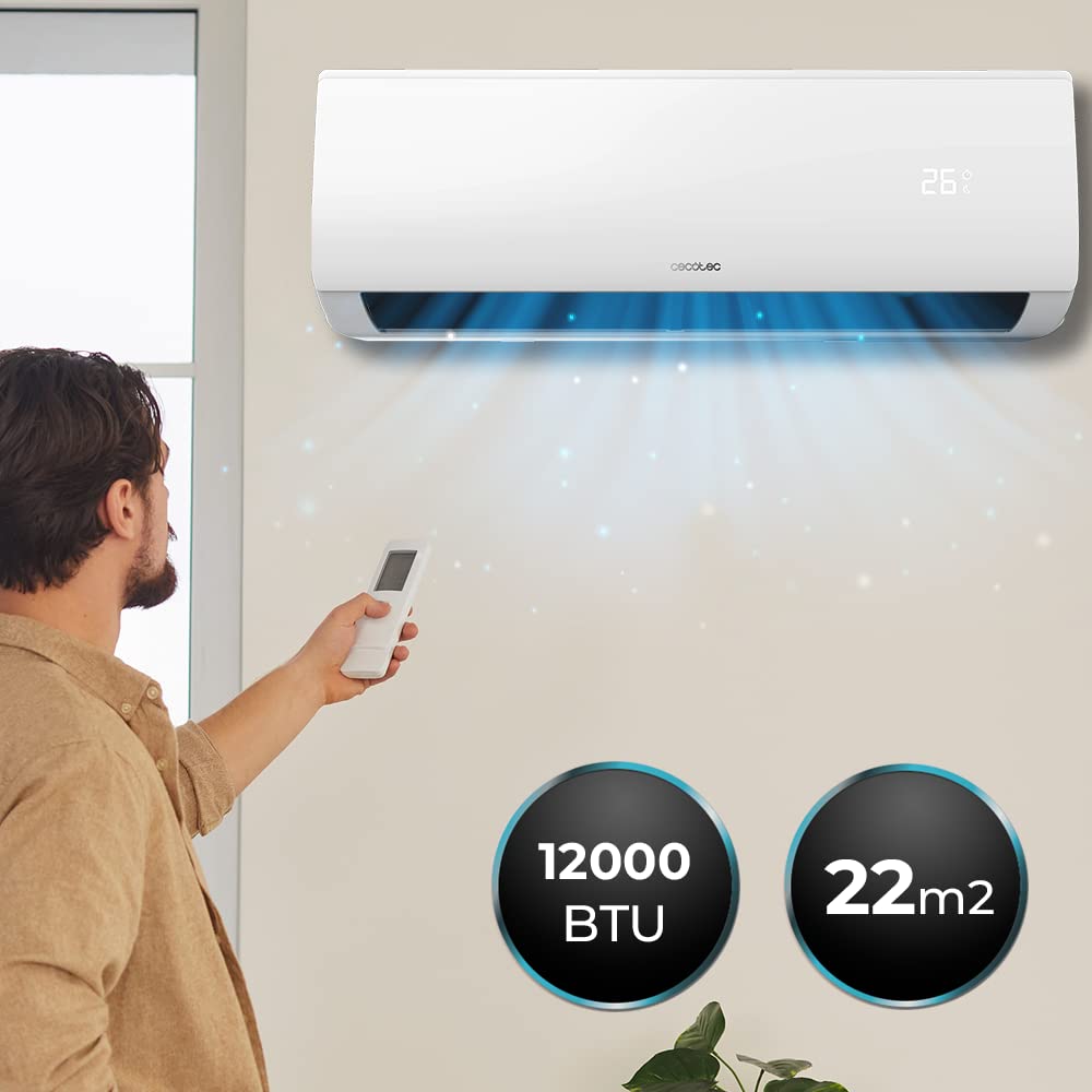 Cecotec Split Climatisation AirClima 12000 Smartfresh Connecté. 12000 BTU, Moteur DC, Pompe à Chaleur, Contrôle Wifi, Télécommande, Ecran LED, Système Inverter, Couverture 22 m2