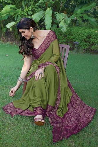 Image of MIRCHI FASHION Saree for Woman Chiffon Georgette Solid with Contrast Border | Lightweight Daily Wear Women's Sari and Printed Blouse Piece