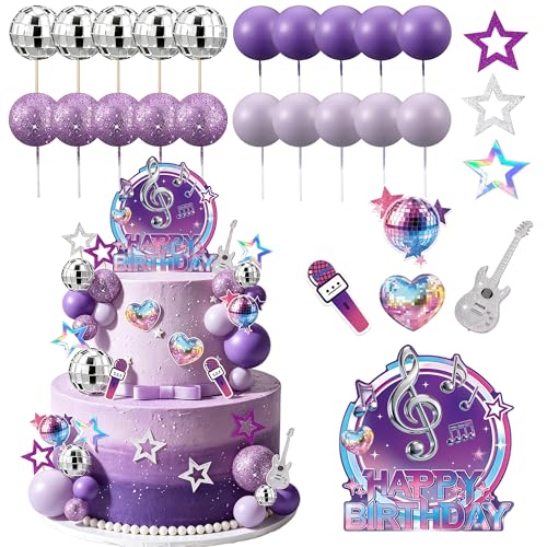 38Pcs Purple Music Cake Toppers Disco & Purple Ball Paper Guitar Microphone Star Cake decorations for Kpop Music Themed Birthday Party Supplies