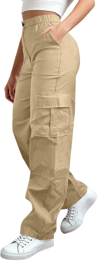 Womens Cargo Pants Elastic Waist Wide Leg Hiking Pants Outdoor High Waisted Workout Trouser with Multi-Pockets