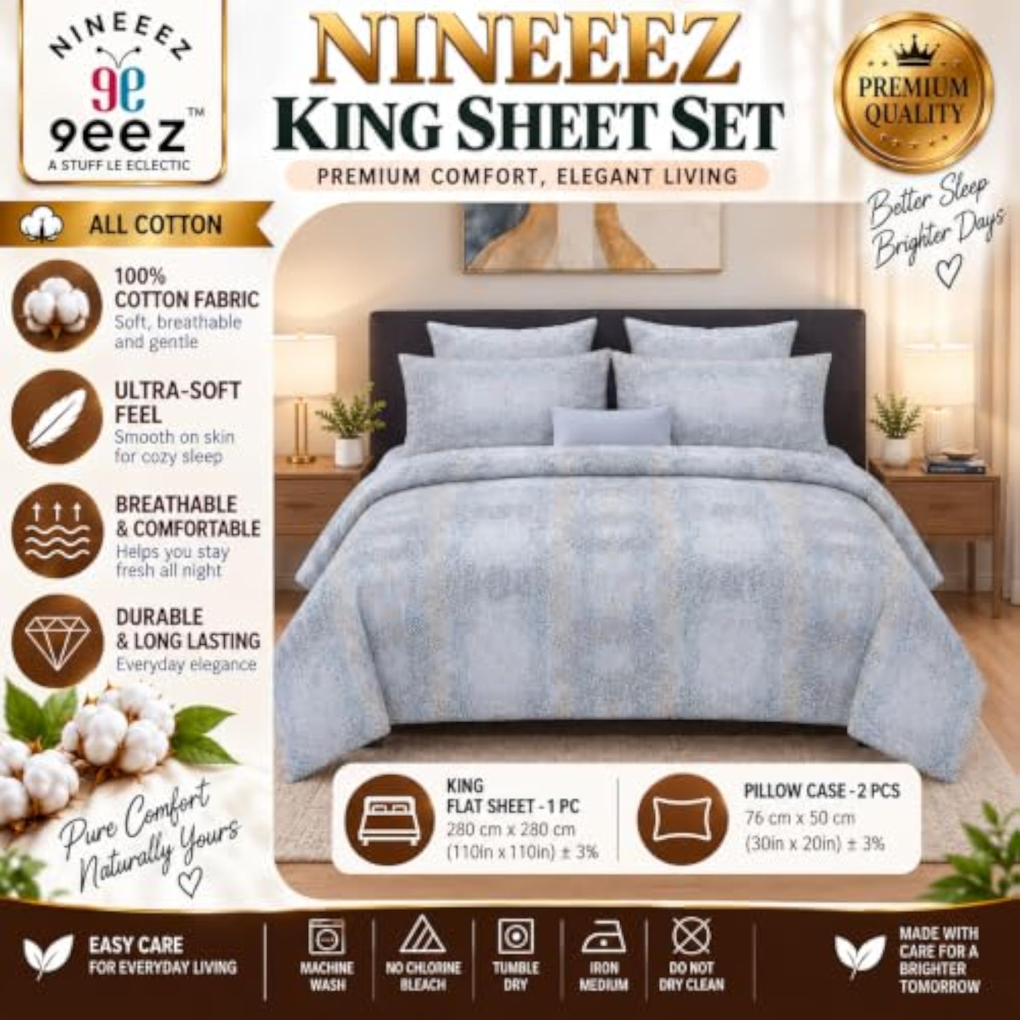 Monarch King Bed Sheet Set - 100% All Cotton