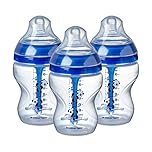 Tommee Tippee Advanced Anti-Colic Baby Bottle, Breast-Like Teat and Heat Sensing Technology, 260ml, Pack of 3, Blue