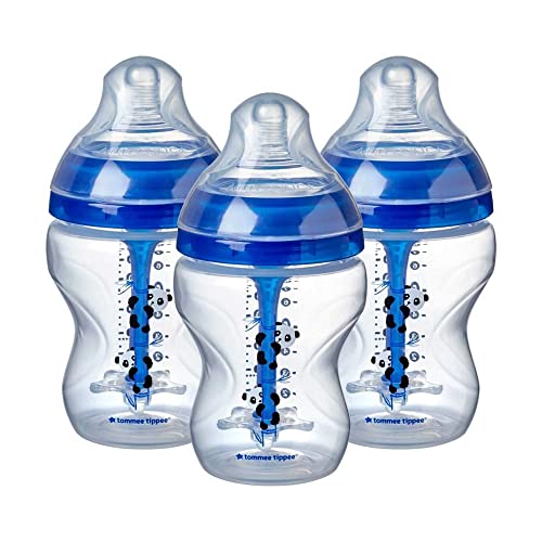 Tommee Tippee Advanced Anti Colic Baby Bottle, Breast Like Teat and Heat Sensing Technology, 260ml, Pack of 3, Blue