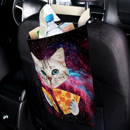 Image of Car Trash Bag Hanging No Snap Small Garbage Bag for Car Back Seat Cute Printed One-handed Strap Trash Bags Car Accessories-Galaxy Pizza Cat Car Trash Bags