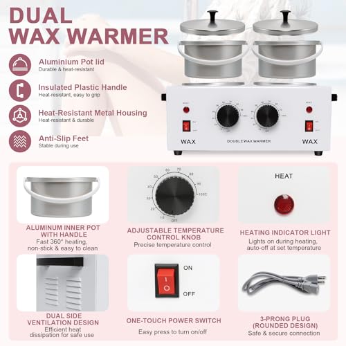 Image of Wax Warmer Double Pot, Professional Electric Heater for Facial, Body, Spa, and Salon, 1.2L Dual Adjustable Temperature with 100 Wooden Craft Sticks, Hair Removal