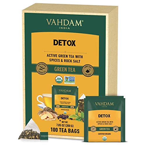 VAHDAM ORGANIC Detox Green Tea (100 Tea Bags) | Detox Tea | Detox Green Tea Bags | High Grown Green Tea + Ginger + Tulsi + Cloves + Cumin | 100% Natural Ingredients | Pyramid Green Tea Bags