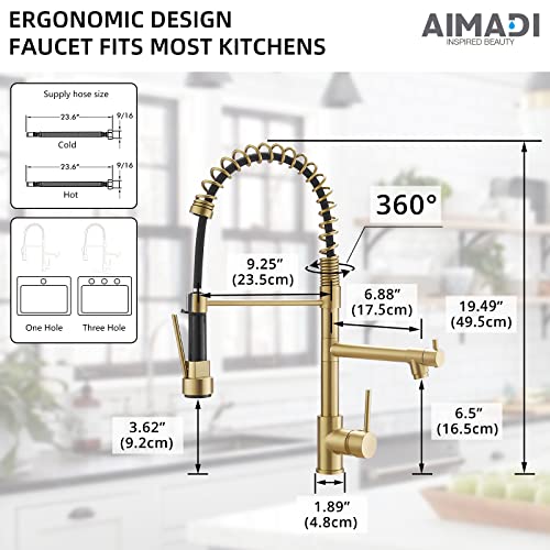 Image of Brushed Gold Kitchen Faucet with Pull Down Sprayer, AIMADI Commercial Gold Kitchen Sink Faucet Single Handle Spring Two Nozzles Faucets