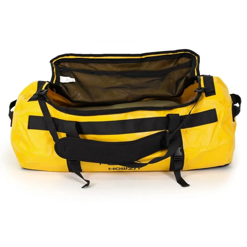 Howzit Sac de Voyage Étanche 60L – Grand Duffel Bag Imperméable en Polyester 500D – Convertible Sac à Dos ou Main – Coutures Soudées & Zip Étanche – Idéal Camping, Kayak et Nautisme (Jaune)