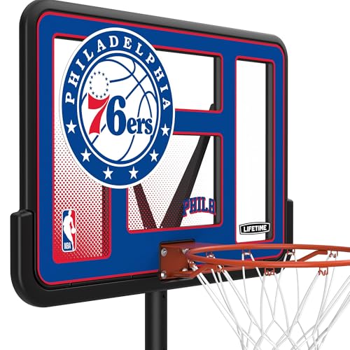 Image of Lifetime NBA Philadelphia 76ers Portable Basketball Hoop, Adjustable Height 7.5-10 Ft, 44 Inch Shatterproof Fusion Backboard, Base with Wheels