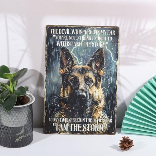 GLOBLELAND Deutscher Schäferhund Metall Blechschild - Schwarzer Hund Vintage 12×8 Zoll 'Ich Bin Der Sturm' - Lustige Wanddekoration Für Zuhause