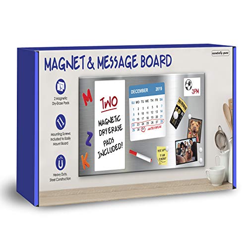 Essentially Yours Magnet And Message Board | Large Mountable 30 X 14 X 0.7 Inch Steel Bulletin Board, 2 Magnetic Dry Erase Pads Included (Silver) #TOP1