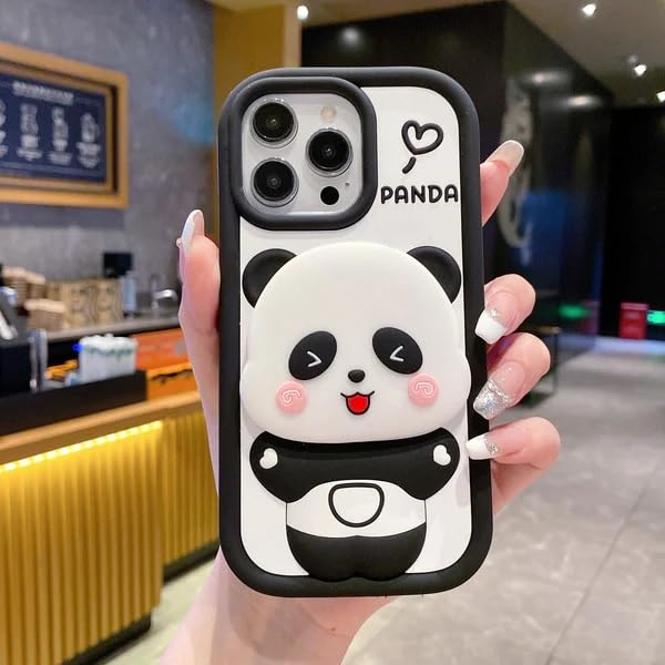 Image of COVERLY 3D Panda Mirror Cartoon Stand Case,Premium Silicone Full Protective Case Cute Bear Love with Phone Holder Cool Makeup Mirror Kawaii Aesthetic Cover for Apple iPhone 15 Pro Max