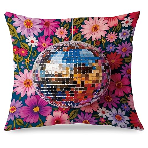 Exqcom Funky Y2K Maximalist Floral Disco Ball Pillow Covers 18x18, Eclectic Home Decor, Trendy Retro 70s Colorful Flower Botanical Throw Pillow Covers for Home Girls Room Dorm Apartment