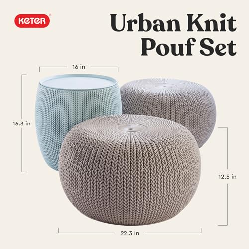 Image of Keter Urban Knit Pouf Ottoman Set of 2 with Storage Table for Patio and Room Decor - Perfect for Balcony, Deck, and Outdoor Seating, Misty Blue & Taupe