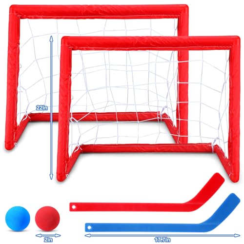 Leyndo 2 Sets Kids Mini Hockey Set Includes 2 Hockey Nets 2 Mini Hockey Goal 4 Plastic Mini Hockey Sticks 4 Foam Balls Knee Hockey Goal Hockey Ball for Kids Indoor Floor(Bright Color)