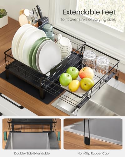 Image of SONGMICS Dish Drying Rack, Kitchen Dish Rack with Drainboard, 360 Rotatable and Extendable Spout, with Cutlery Holder, (12.2-22) x 16.5 x 7.9 Inches, Ink Black UKCS552B01