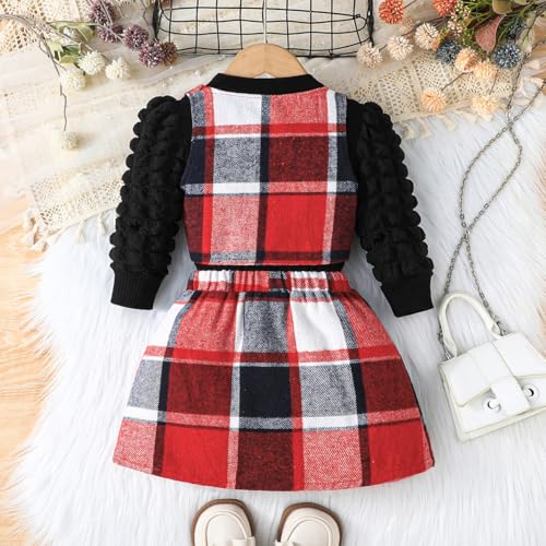 Image of Toddler Girls Christmas Outfits Girls Puff Sleeve Knit Ribbed Tops Button Down Vest Plaid Skirt Set Winter Clothes