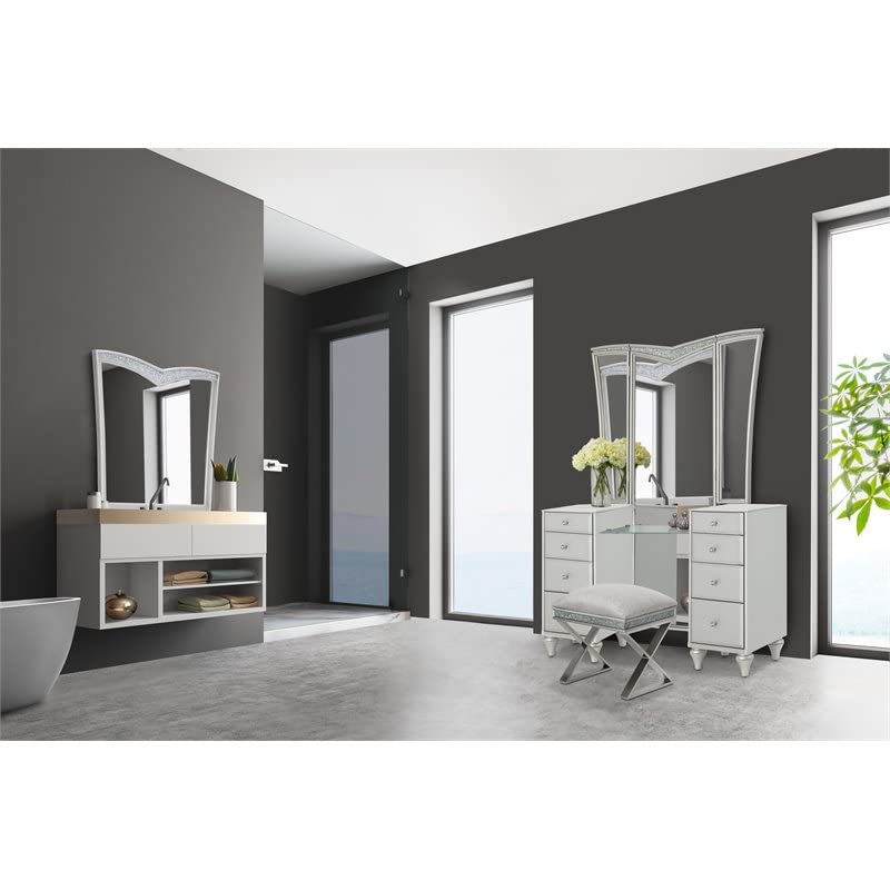Michael Amini Melrose Plaza Contemporary Wood & Velvet Vanity Bench in Dove Gray