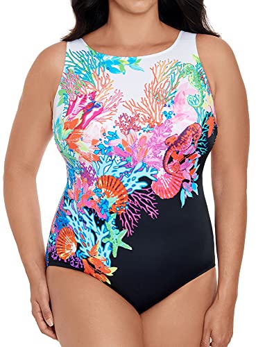 Longitude Women's Swimwear Underwater Goddess Panel Scoopback Highneck One Piece Swimsuit, Multi, 8 #TOP1
