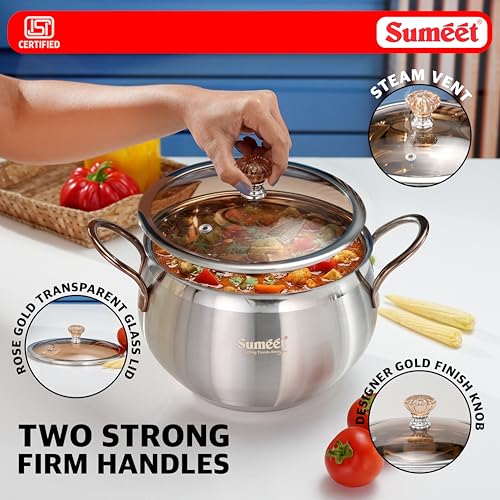 Image of Sumeet ISI Certified Stainless Steel Cook & Serve Biryani Pot /Handi /Sauce Pot with Glass Lid |Induction and Gas Compatible | Capacity - 3500ml -Dia - 19.5cm, Silver
