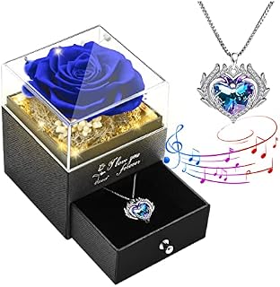 Preserved Real Rose, Blue Rose Flower with Angel Wing Love Heart Jewelry Necklaces,You are My Sunshine Music Box,Valentine's Day Anniversary Birthday for Her Women Mom Girlfriend