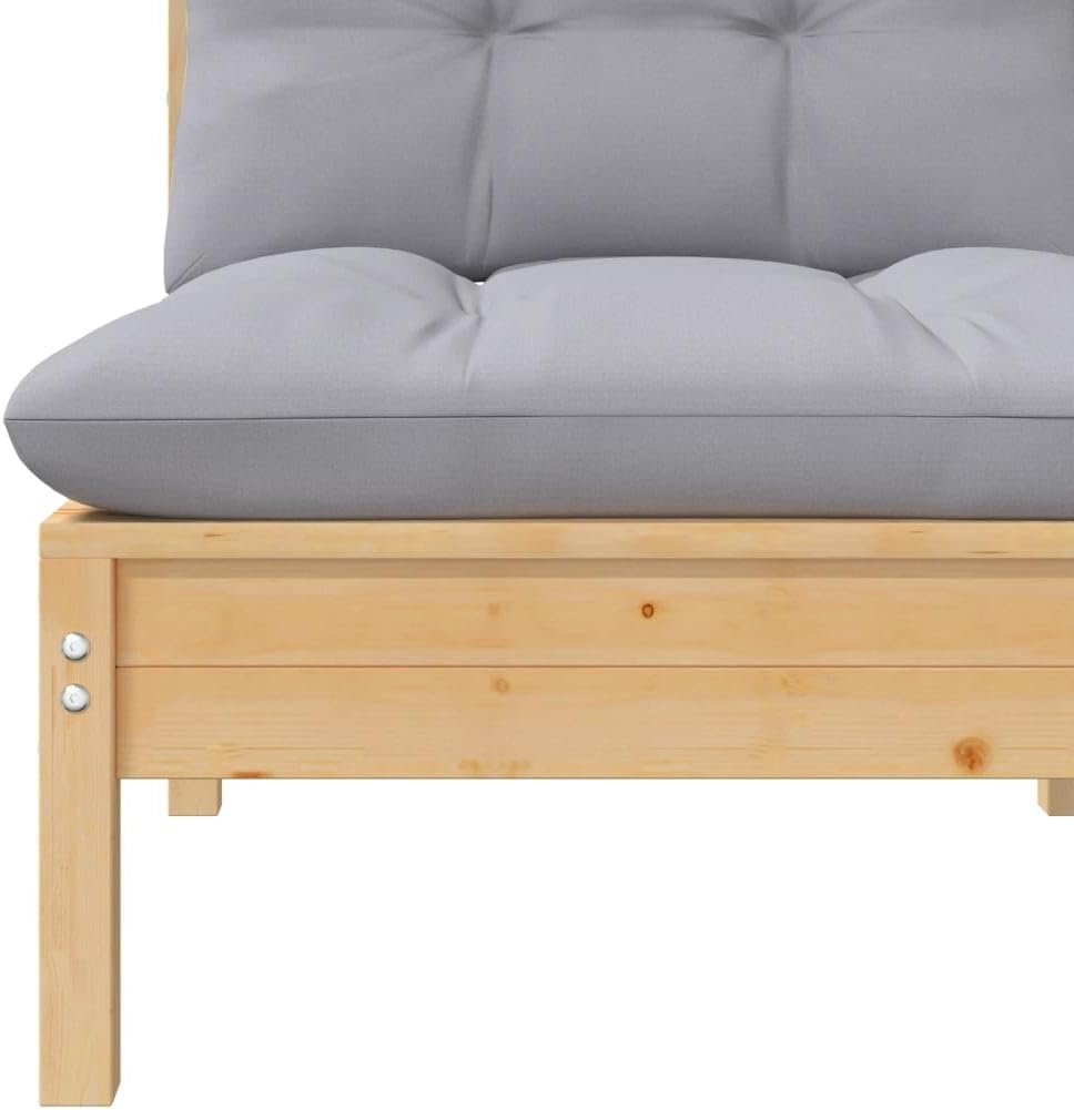 vidaXL Solid Pinewood Patio Middle Sofa with Gray Cushions – Durable Outdoor Furniture with Modular Design for Personalized Configuration