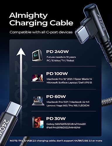 Image of AINOPE 240W USB C to USB C Cable (6.6ft 2Pack) USB C to USB C Fast Charging Cable, Right Angle USB C Charger Cable for iPhone16 Charger Cord, MacBook Pro, iPad Pro /Air,Samsung,Black