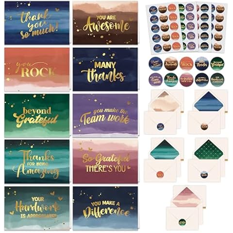 Decorably 50 Pack Gold Foiled Employee Appreciation Cards with Envelopes & Stickers, 10 Designs Blank Employee Thank You Cards for Employees Appreciation, 6x4in Staff Appreciation Cards for Coworkers Cover