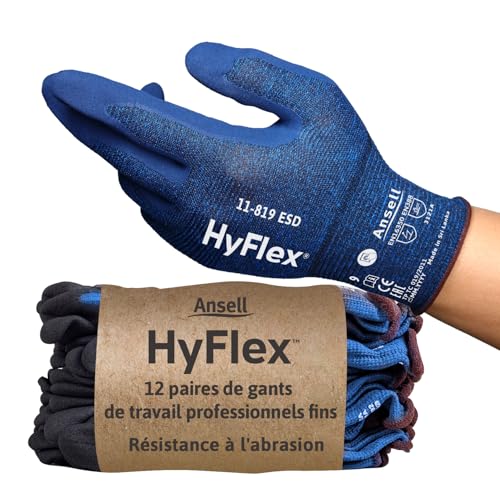 Ansell HyFlex 11-819 Gants de Travail Professionnels, Protection Risques Mécaniques Industriels, Bricolage, Jardinage, Manutention, Montage, Homme Femme, Bleu, Taille XL (12 Paires)