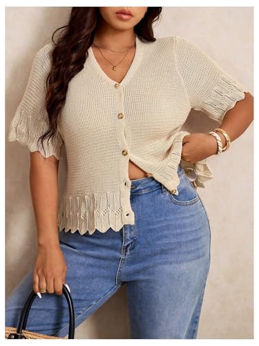 MakeMeChic Women's Lightweight Plus Size V Neck Sweater Button Down Scallop Knit Cardigan2