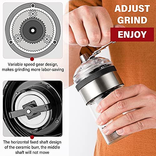 Moongiantgo Kaffeemühle Manuell Kompakt und mühelos, Edelstahl & Glas, 5 Präzisen Stufen Einstellbar Keramischer… – Bild 4