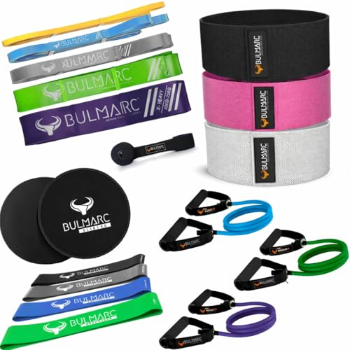 BULMARC Resistance Band Combo | 5 Pull Up Bands | 3 Resistance Tube Set with Foam Handle | 1 Door Anchor | 4 Mini Loop Bands | Sliding Discs | 3 Fabric Hip Bands (Set of 17 Fitness Gift)