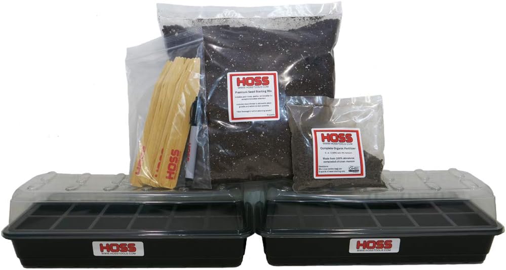 Hoss 24-Cell Seed Starting Kit | Trays, Domes, Soil, Fertilizer and Plant Labels!