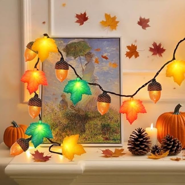 Couah Fall Decor String Lights, 8.5 FT 3D Maple Leaf & Acorn Lights with 10 LED Plug in Fall String Lights for Indoor and Outdoor Home Bedroom Autumn Party Harvest Fall Decorations