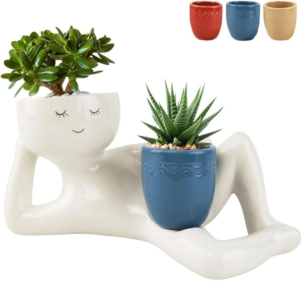 Pot de fleurs en céramique blanc et bleu inclinable pour plante grasse