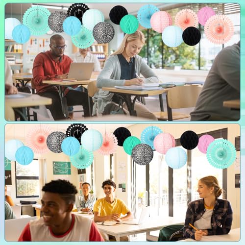 Image of Retisee 18 Pcs Colorful Composition Book Classroom Decoration Kits Black and White Composition Hanging Paper Lanterns Paper Fans Honeycomb Balls Decor for Back to School Classroom Party Decoration