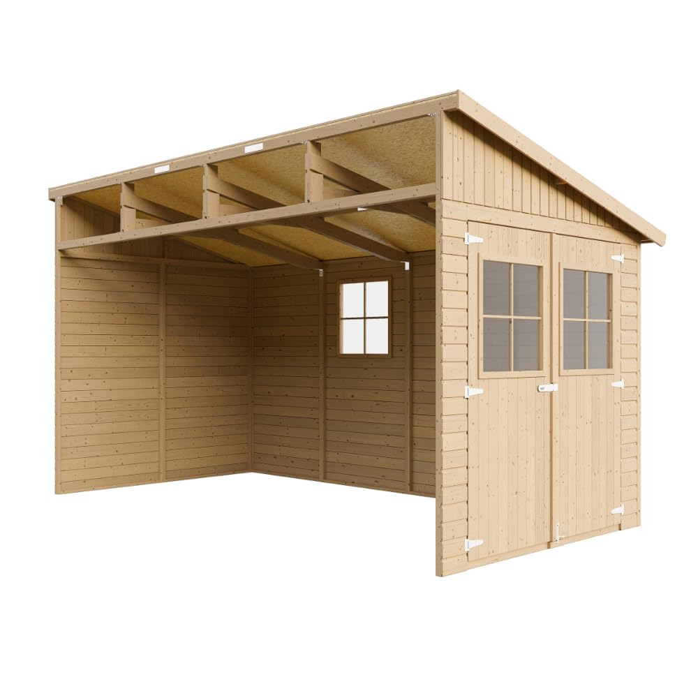 TIMBELA M340 Abri de Jardin en Bois Naturel (sans paroi latérale)- Stockage extérieur avec fenêtres- H243x216x416 cm/​8 m2, Hangar en Bois Naturel - Atelier Rangement Outils et vélos