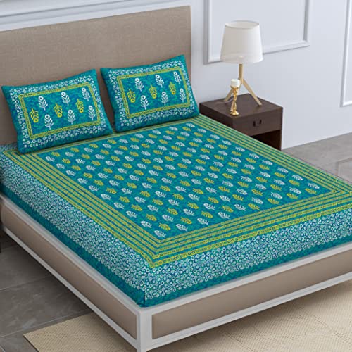 SheetKart Jaipuri Traditonal Sanganeri Print 144 TC Cotton Double Bedsheet with 2 Pillow Covers, Sea Green (B09N2FCH1R) Amazon Price History, Amazon Price Tracker