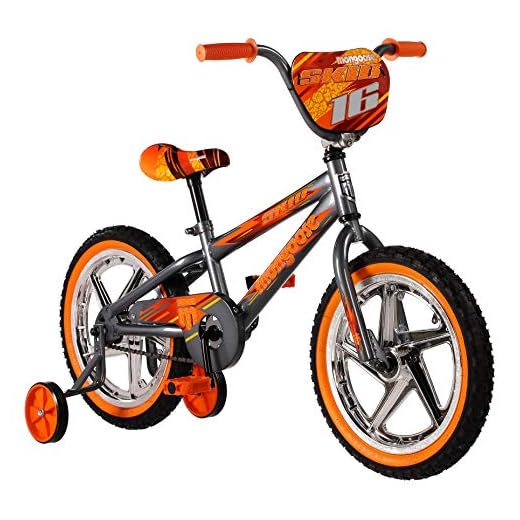 Mongoose Skid Boy's Freestyle BMX Bike with Training Wheels, 16-Inch Wheels, Grey