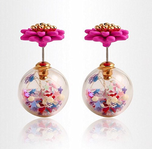 Double Sided Fashion Pearl Round Hollow Ball Earrings, Candy Colored Earrings (Hot Pink)