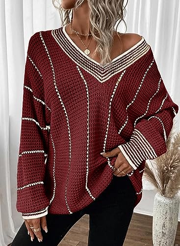 Image of Dokotoo Womens Oversized Striped Tunic Sweaters Casual V Neck Long Sleeve Color Block Knit Pullover Jumper Tops
