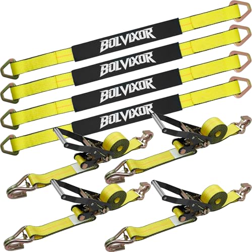 Bolvixor Heavy Duty Car Trailer Tie Down Straps 4 Pack Kit- 2" x 8' Ratchet Straps with J-Hooks & Safety Clips, 2" x 36" Axle Straps - 10,000lbs Break Strength for Truck, UTV Transport