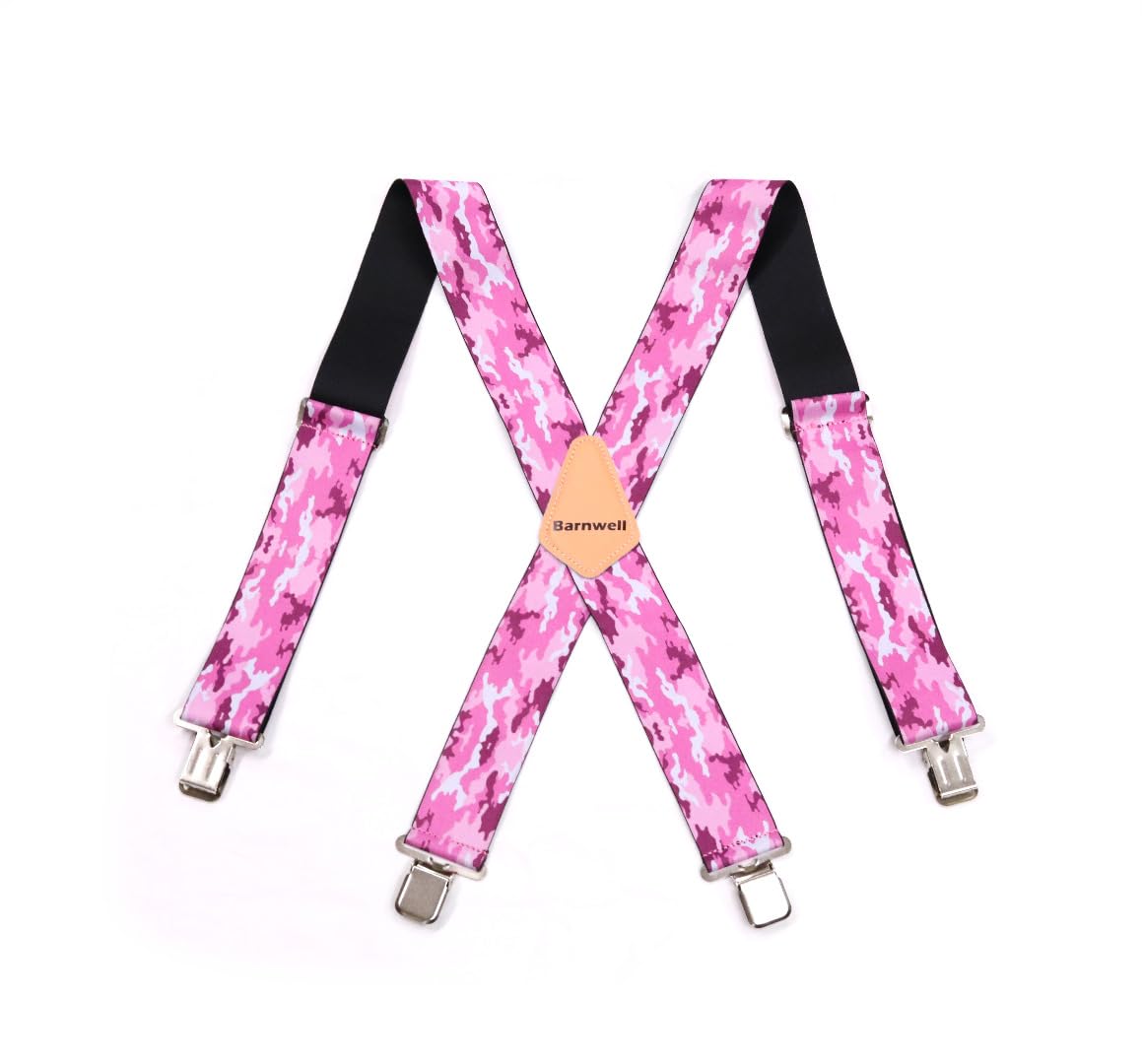 Barnwell Unisex Pink Camo Camouflage Trouser Braces Suspenders Heavy Duty Metal Clips 50Mm Wide Adjustable Elastic Work Camping