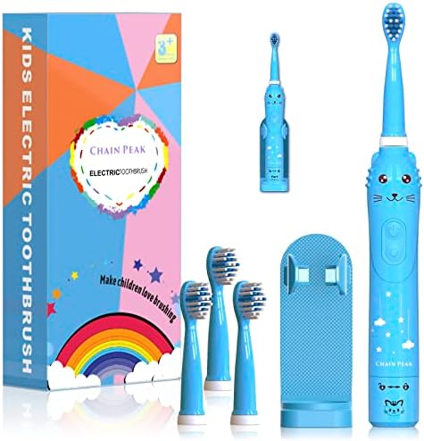 Kids Sonic Electric Toothbrush, Rechargeable Smart Toothbrush for Children, Sonic Toothbrush for Boys Girls Age 3-12 with 30s Reminder, 2 Mins Timer, 6 Modes, 4 Brush Heads, Wall-Mounted Holder