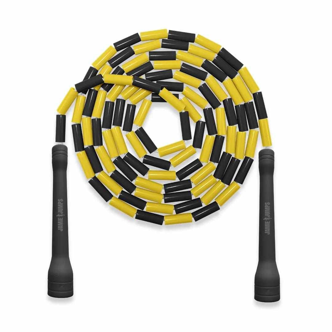JamieJumps Professional Beaded Jump Rope - Fully Adjustable, For Freestyle, Cardio & Tricks - All Levels & Indoor/Outdoor Use, Quality Beads & Poly Cord. (Bumblebee)