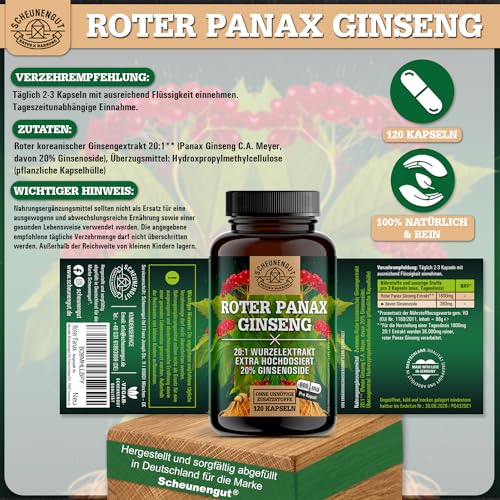 Ginseng Kapseln 1800mg -WICHTIG: 20:1 Roter Panax Extrakt (=36000mg Ginsengwurzel je Tagesdosis) -maximale Bioverfügbarkeit +20% Ginsenoside- Panax Ginseng Kapseln DE SCHEUNENGUT®