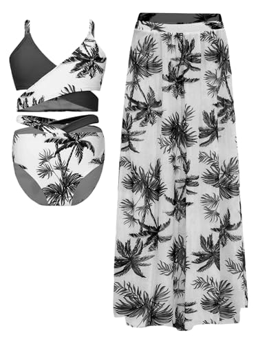 Big Girls 3 Pcs Bathing Suits Beach Boho Swim Wrap Skirts with Floral Bikini Top Brief Swimwear3